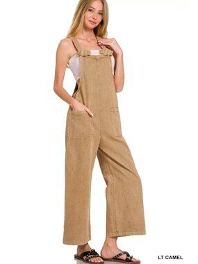 ZENANA Washed Tan Knot Denim Overalls Size Small NEW NWT